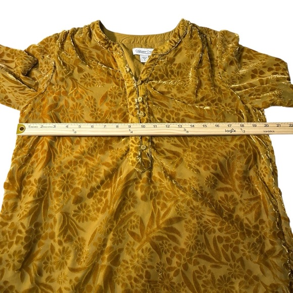 Coldwater Creek Mustard Yellow Velvet Burnout Blouse Size Small Floral Boho - Picture 14 of 16